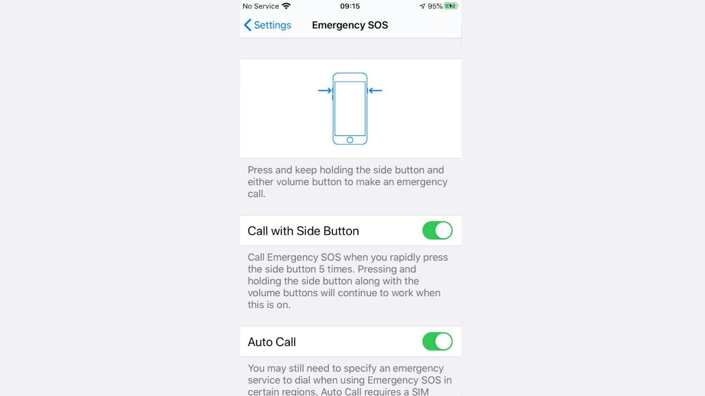 Settings in an iPhone showing how to make an emergency call