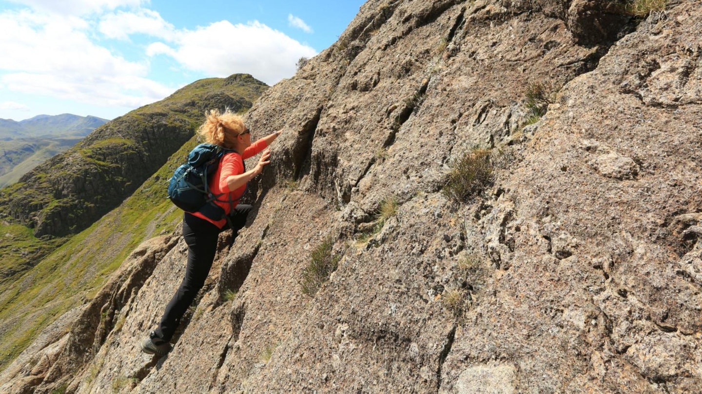 Exposed scrambling on Jack's Rake, Pavey Ark