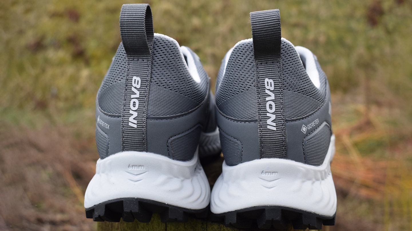 heels of INOV8 Trailtalon GTX waterproof trail running shoes