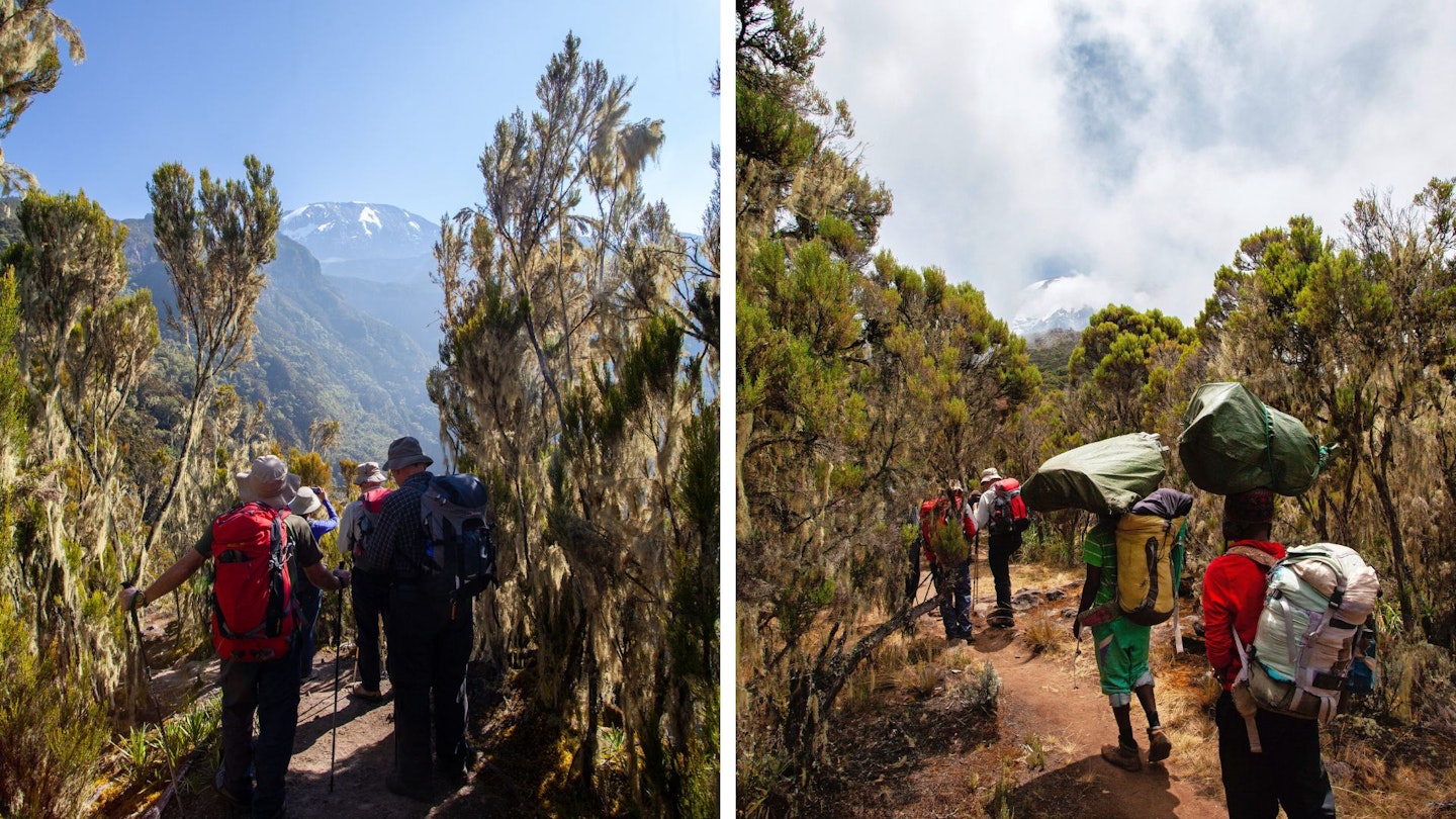 Porters carrying kit on the hike up Mount Kilimanjaro