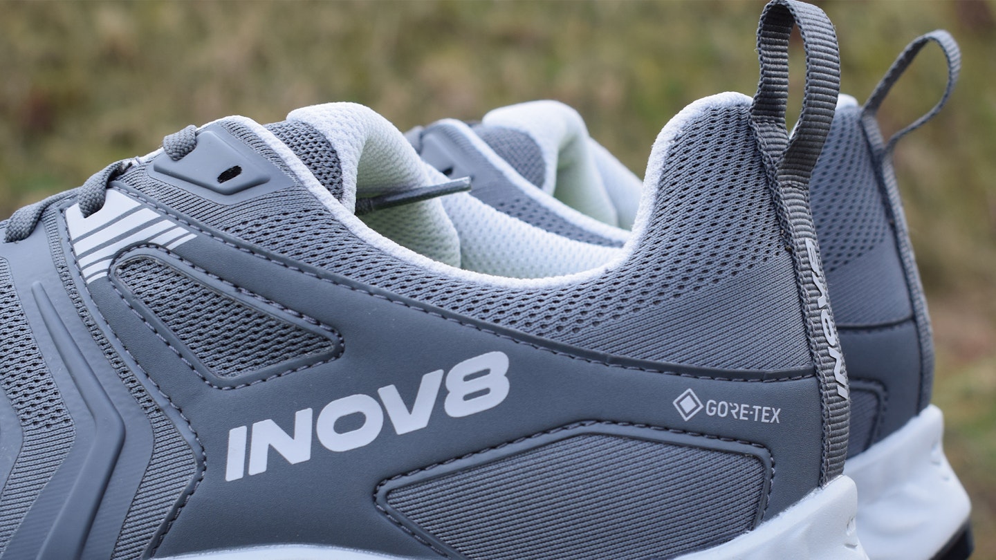 logo and heel on INOV8 Trailtalon GTX waterproof trail running shoes