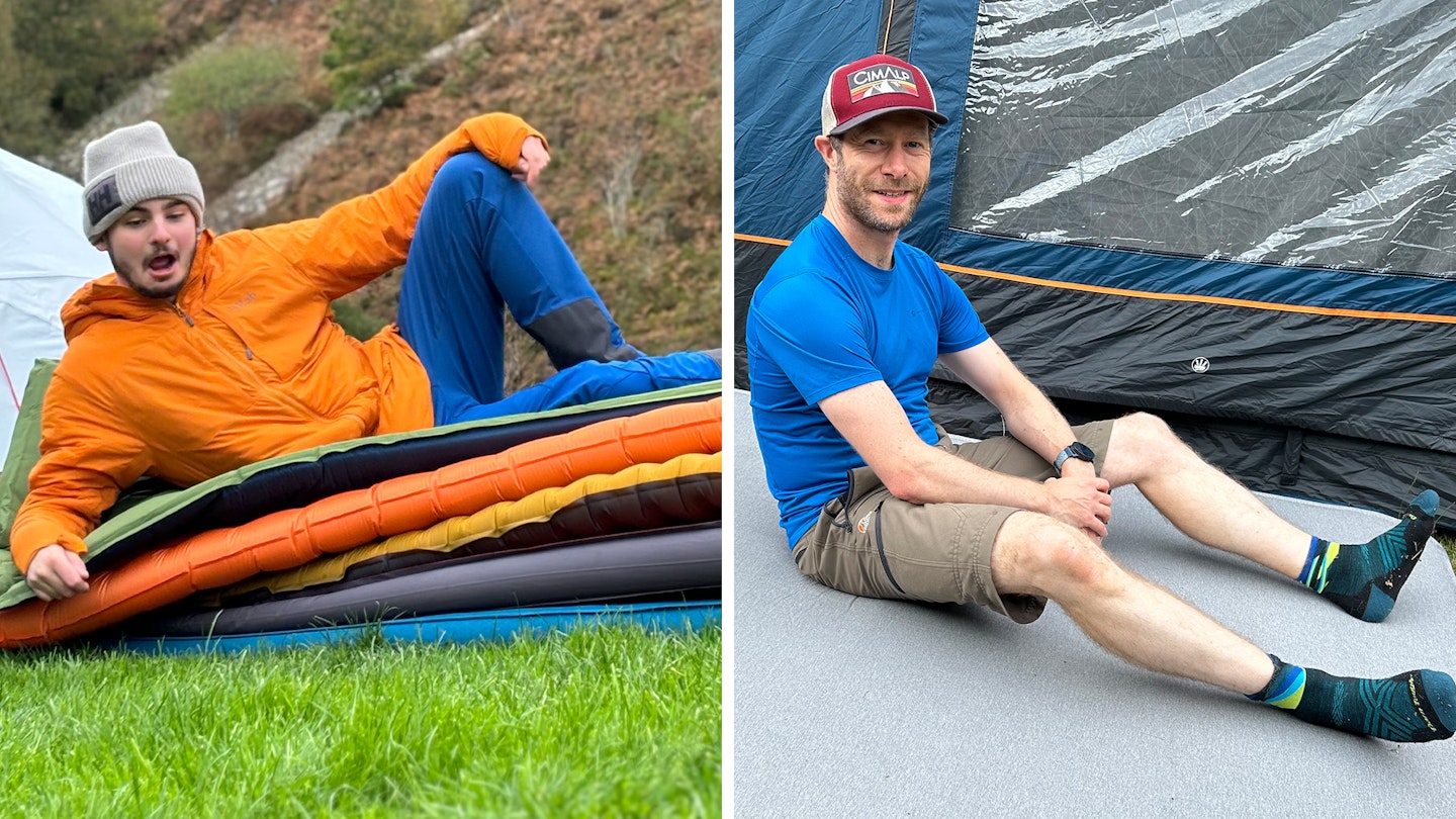 Milo Wilson and Alex Foxfield testing camping mattresses