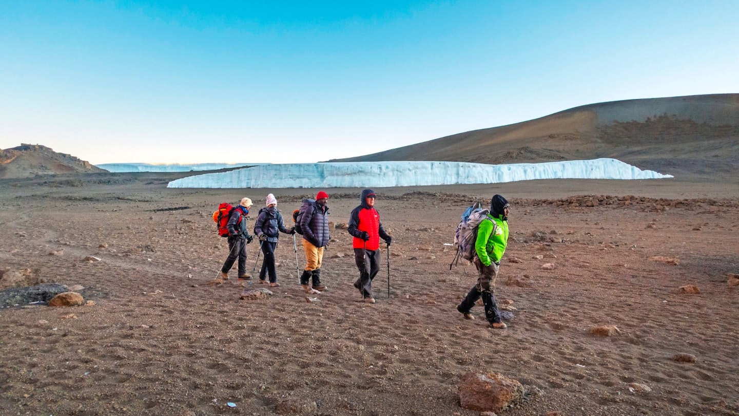 Hikers high up on Mount Kilimanjaro