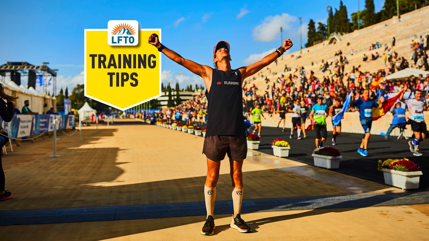 Nick Butter on marathon finish line with training tips logo