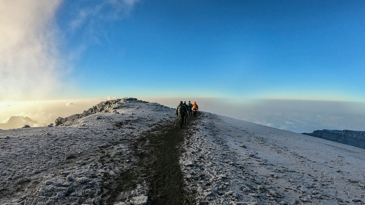 People hiking high on Mount Kilimanjaro