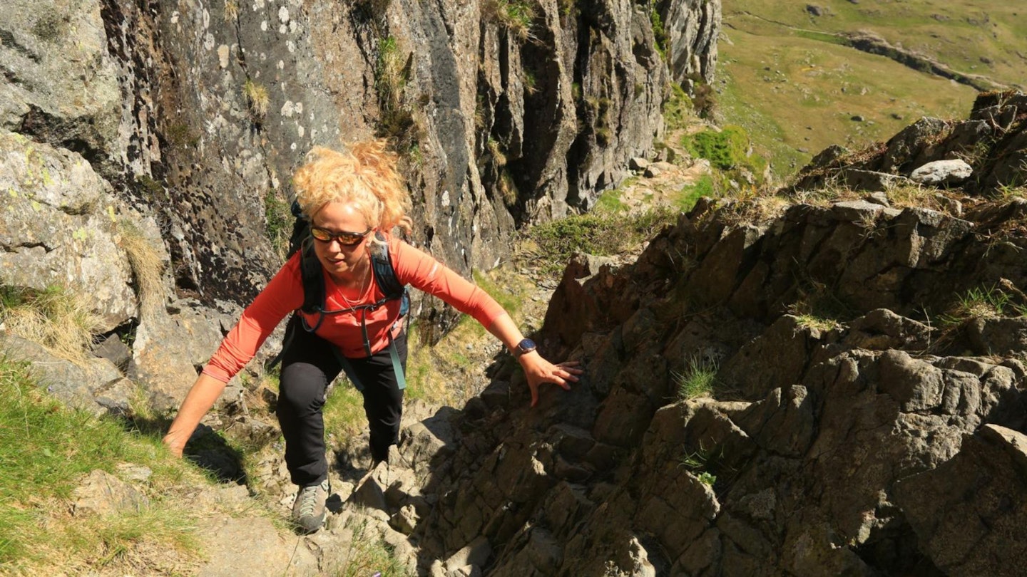 Scrambling in the trench on Jack's Rake, Pavey Ark