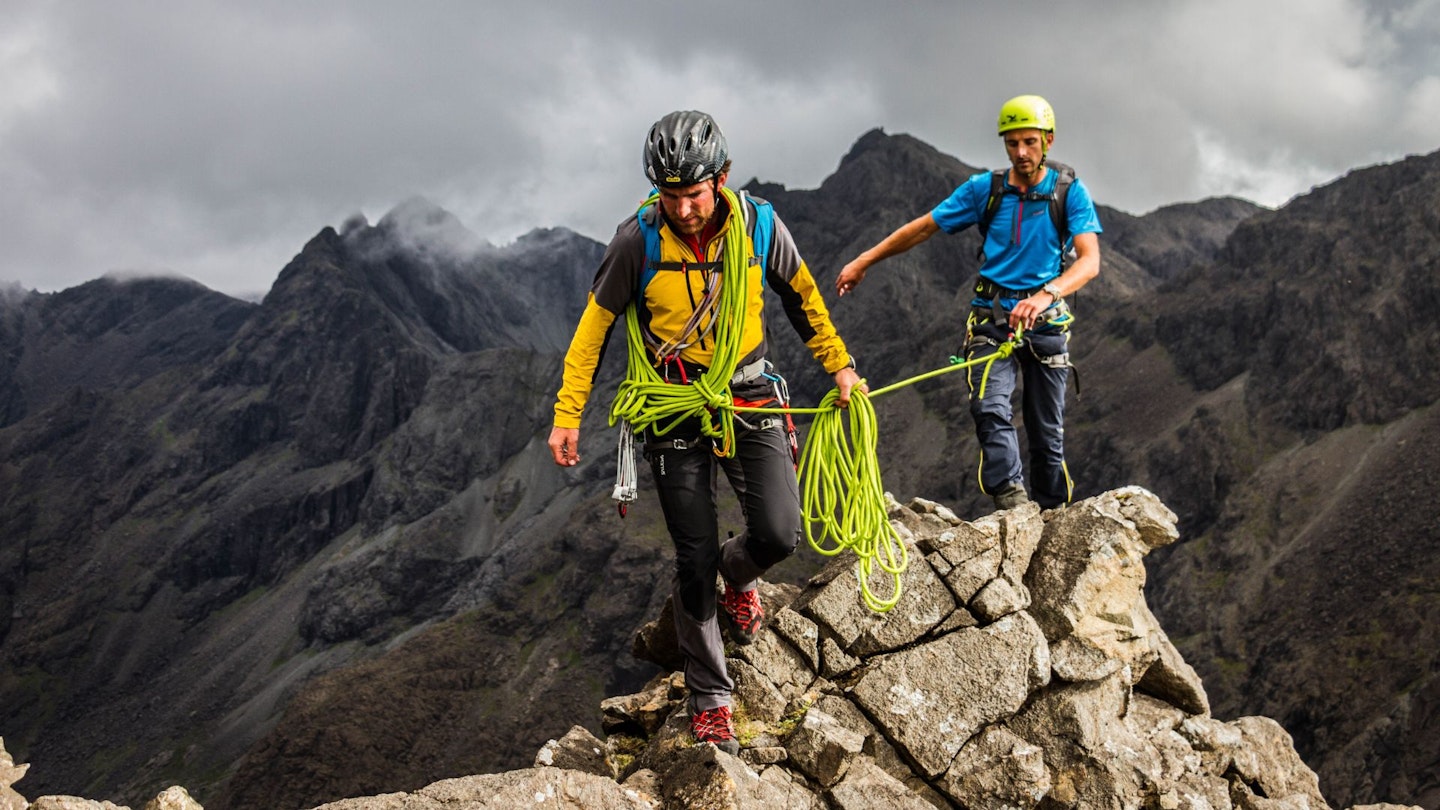 Two climbers roped together Cuillin Ridge Skye