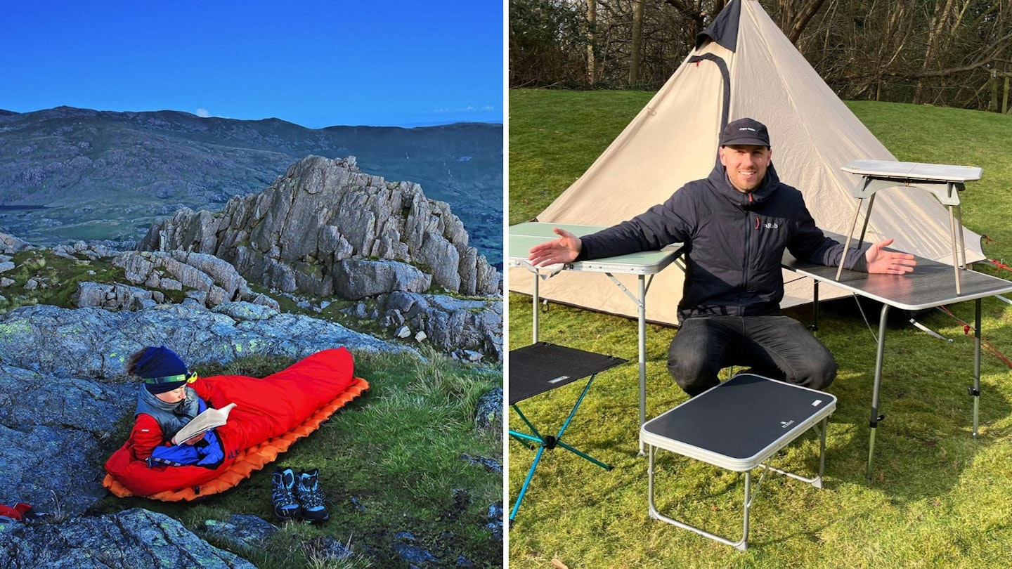 Photos of someone wild camping and someone glamping